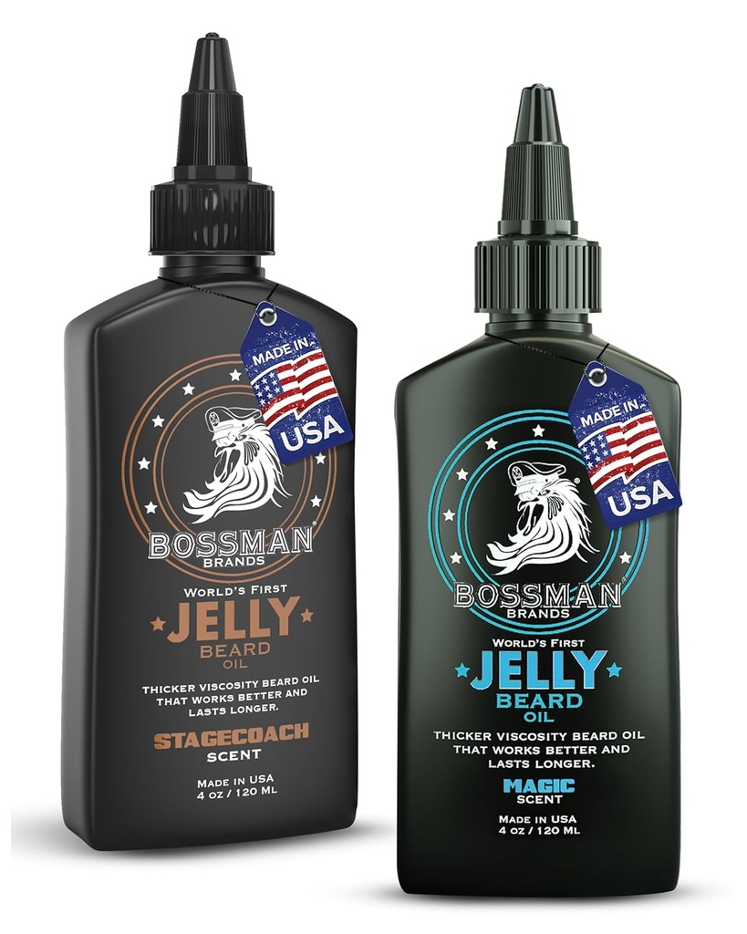 Bossman Jelly Beard Oil for mænd Bundle Buddy 124; 2 Pack, 8 oz (Magic + Stagecoach Scents) Buddy 124; Softens, Fugt & Betingelser med naturlige ingredienser - Lavet i USA