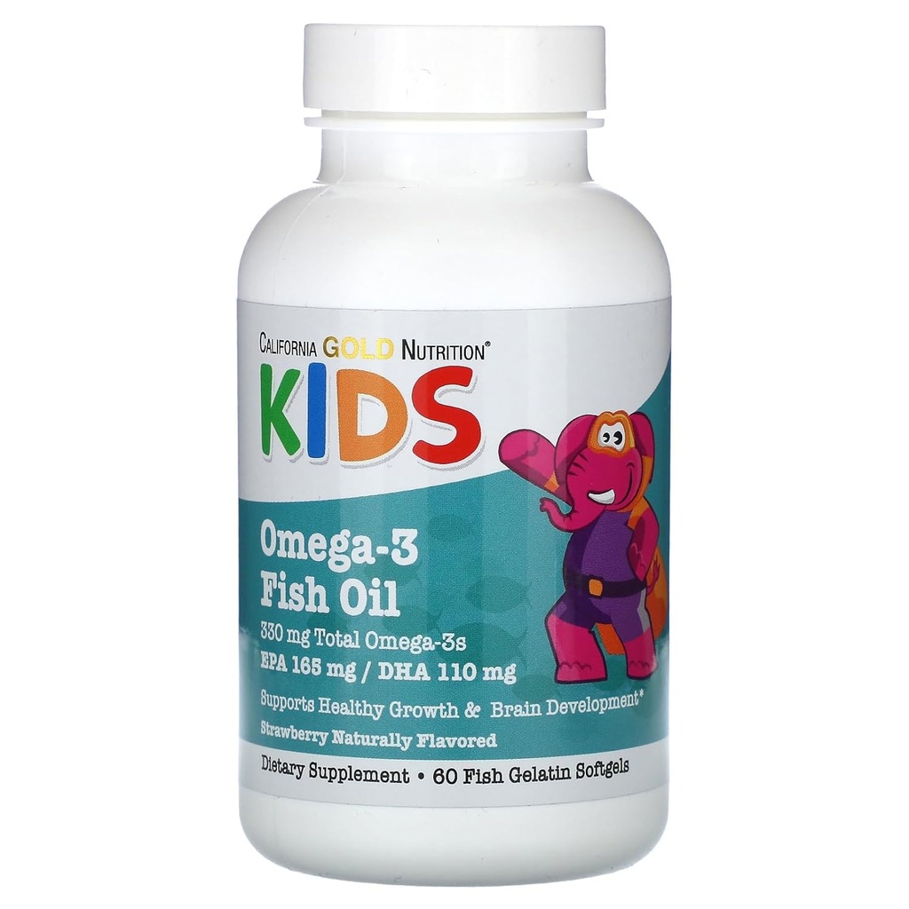 California Gold Nutrition Kid 's Omega-3 Fish Oil, Natural Strawberry, 60 Fish Gelatine Softels