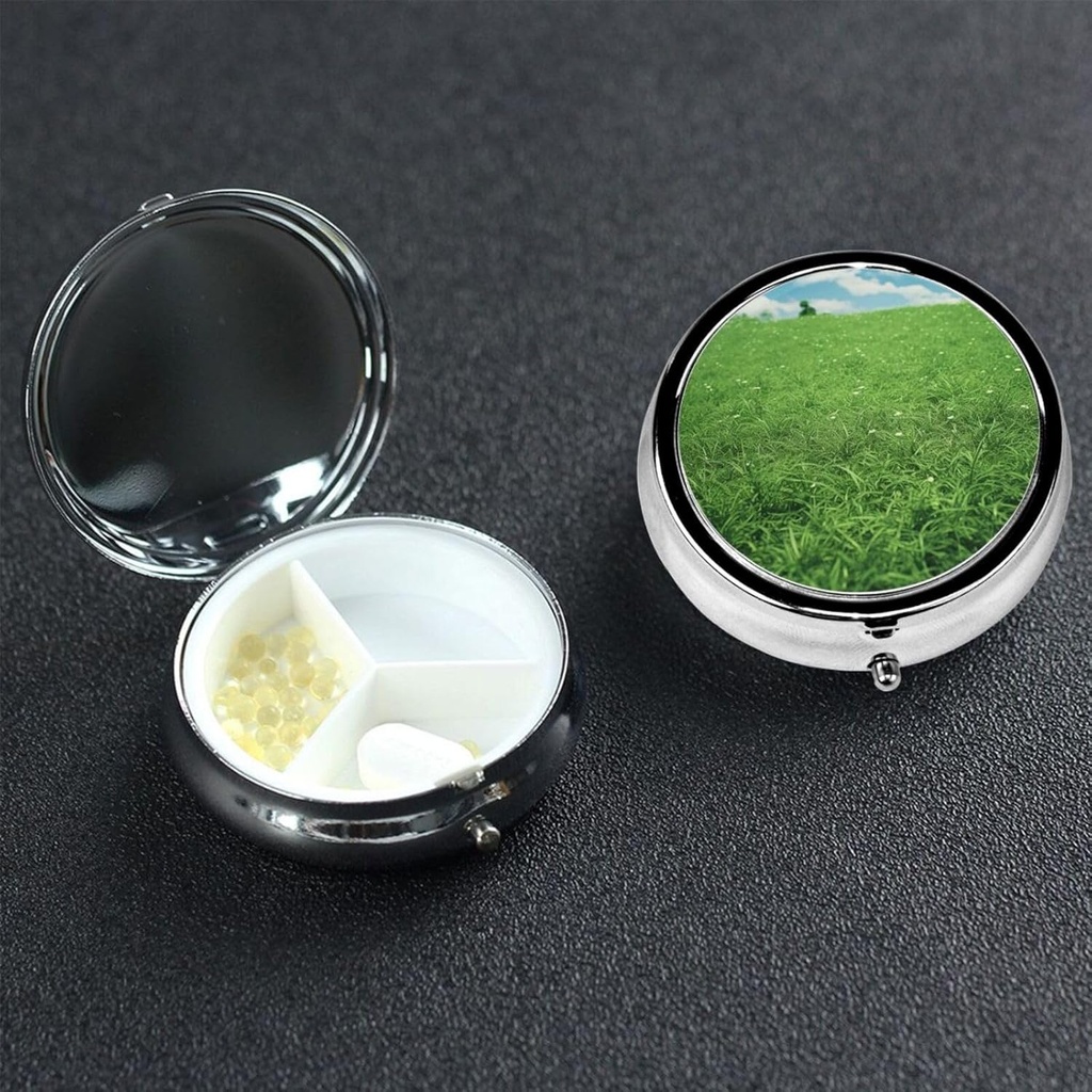 Pill Box 3 Segment Lille Pill Case til purse & Pocket, Cute Mini Pill Organizer Green Lawn Metal Travel Pillbox Portable Pill Container Holder til at holde vitaminer, fiskeolie