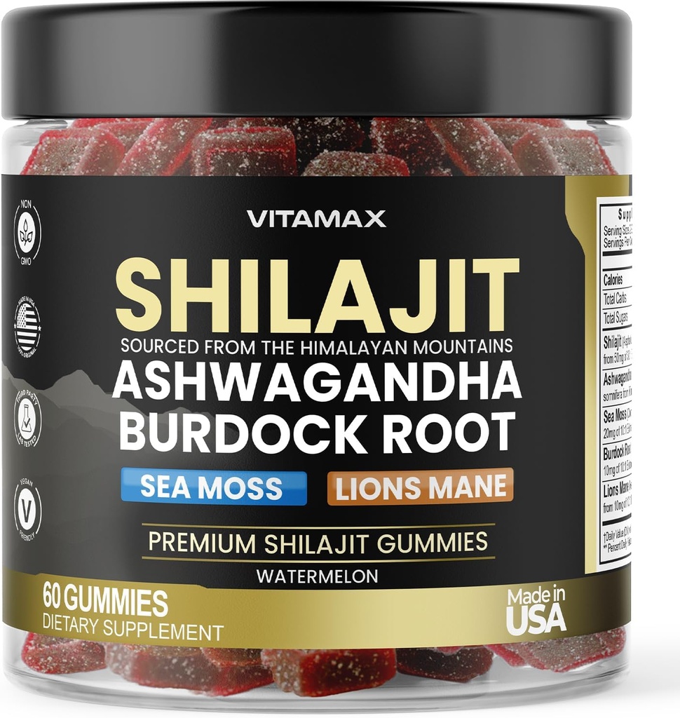 Organic Shilajit Gummies, Sea Moss, Ashwagandha, 105 + Trace Minerals - Organic Burdock Root & Lions Mane Mushroom - Watermelon Flavor - Vegan & Non- GMO - Made in USA - 60ct