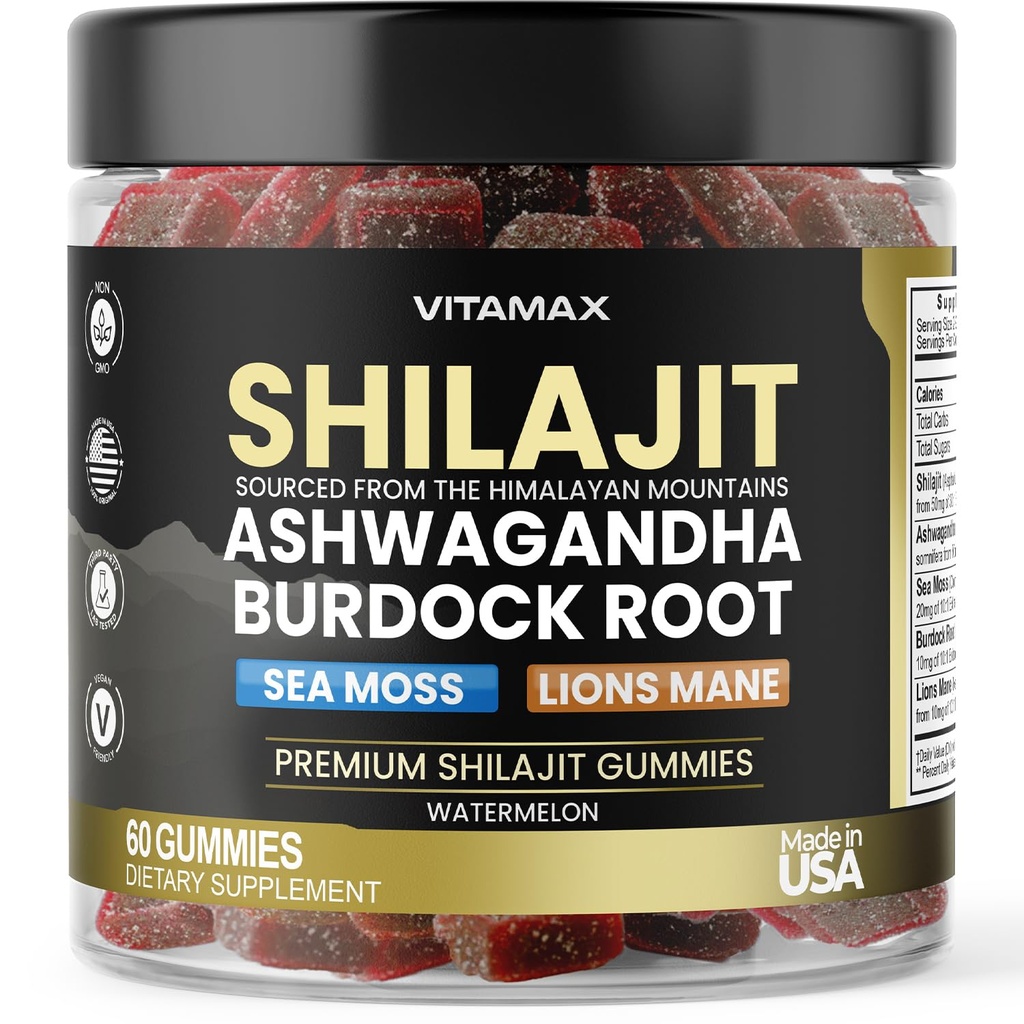 Pure Shilajit Gummies, Sea Moss, Ashwagandha, 105+ Trace Minerals – Organic Burdock Root & Lions Mane Mushroom – Watermelon Flavor - Vegan & Non-GMO – Made in USA – 60ct