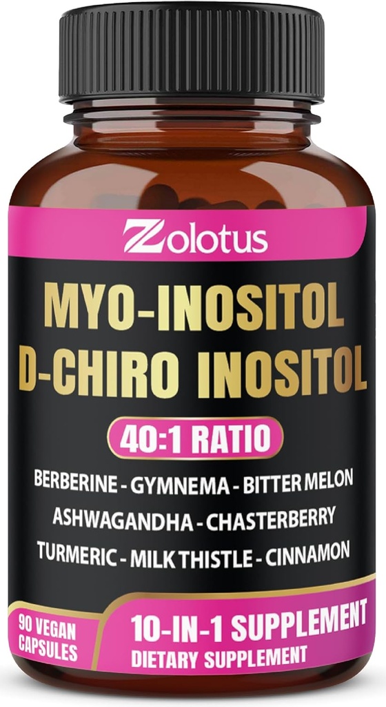 Zolotus Myo-Inositol & D-Chiro Inositol Ideel Ratio Inositol Supplement med Bitter Melon, Milk Thistle, Gurkemeje, Gymnema, Chasteberry, Ceylon Kanel, Ashwagandha, Berberine - 90 Kapsler