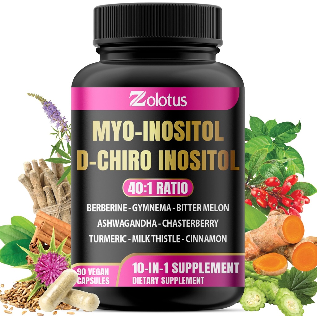 Zolotus Myo-Inositol & D-Chiro Inositol Ideel Ratio Inositol Supplement med Bitter Melon, Milk Thistle, Gurkemeje, Gymnema, Chasteberry, Ceylon Kanel, Ashwagandha, Berberine - 90 Kapsler