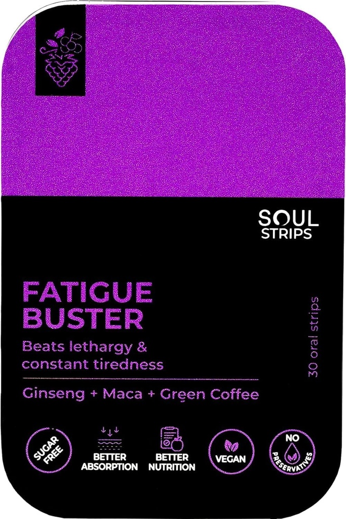 Soul Strips Træthed Buster Ginseng, Maca, Grøn Kaffe, Reducerer Mental & Fysisk Træthed, Blandede Berry Flavor, Quick Absorb, Daglig brug, Zero Sugar, Vegan, 30 Strips Pack