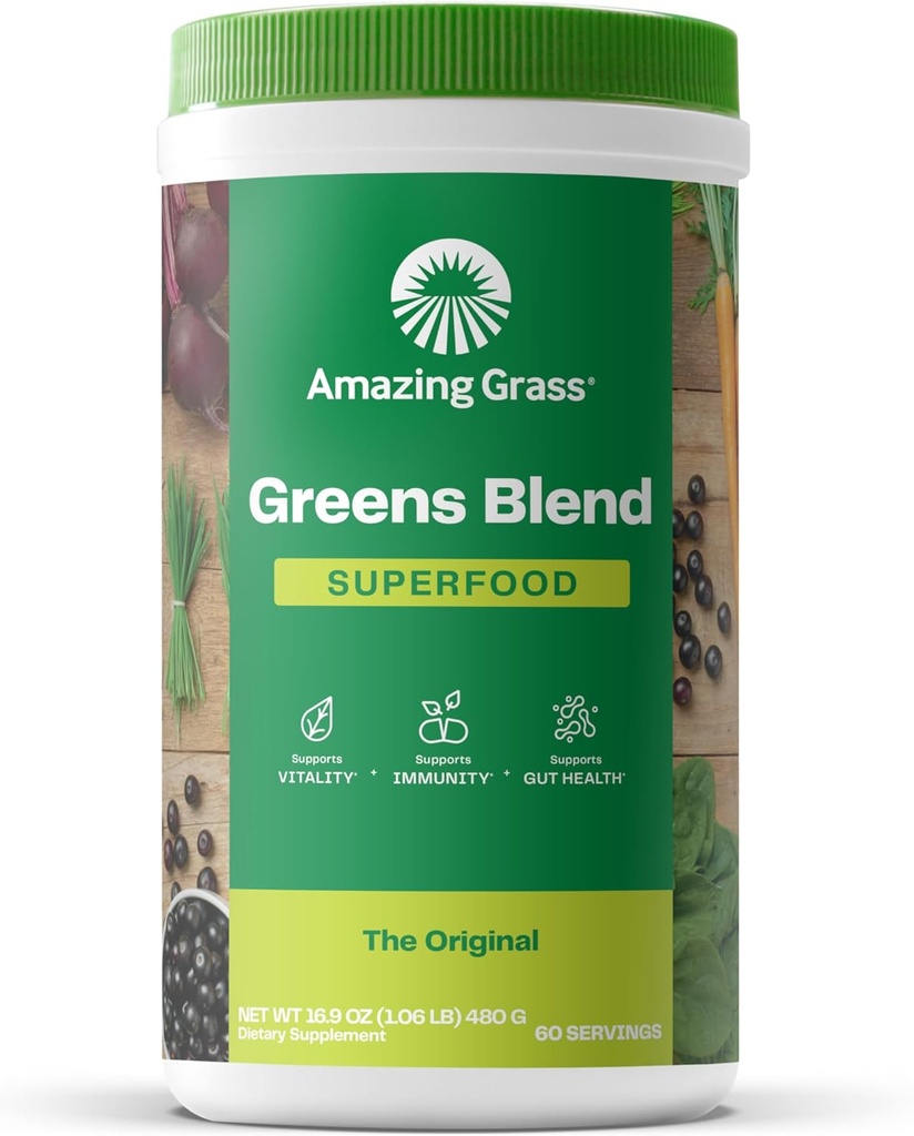 Amazing Grass Green Blend Superfood: Super Green Powder med Spirulina, Chlorella, Beet Root Powder, fordøjelige enzymer, Prebiotics & Probiotics, Original, 60 Servere (Packaging May Vary)