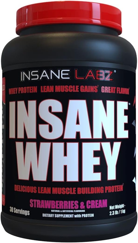 Insane Labz Insane Whey, 100% Muscle Building Whey Protein, BCAA Amino Profile, Mass Gainer, Meal Erstatning (Jordbær & Cream, 30 Servere)