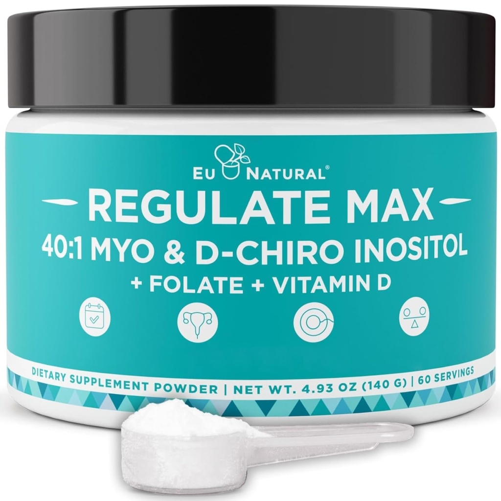 Regulere MAX Myo-Inositol & D- Chiro Inositol supplement Pulver til kvinder med D-vitamin & Folate PCOS Nutritional Support, Hormone Balance & Fertilitet Support, Unflavored 60 Serveringer