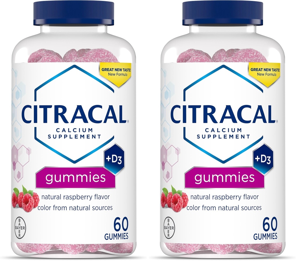 CITRACAL Calcium Supplement Gummies, Chewable Calcium med vitamin D3, Understøtter Bone Sundhed, Calciumtykkere for alderen 12 +, Natural Raspberry Flavor, 60 Greve (Pack of 2)