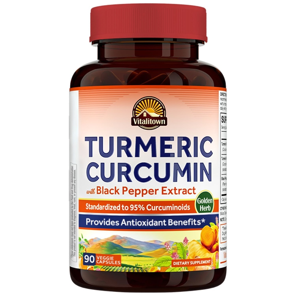 Vitalitown Gurkemeje Root + Black Pepper, 1800MG, India Grown, 95% Standardiserede Curcuminoider, Ultra Potency, 2000% Absorption, Ingen bly eller Gluten, Vegan Support, 90 ct