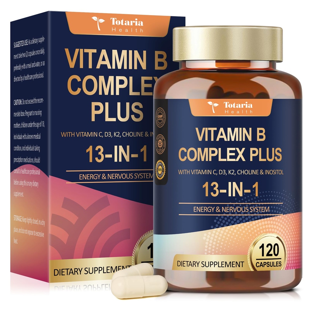 13- in-1 vitamin B Complex Plus med vitamin B1, B2, B3 (Niacinamid), B4, B5, B6, B7 (Biotin), B8 (Inositol), B9 (Folate), B12, C, D3, K2 - energi, nerve, immunforsvar, hudstøtte - 120 Veganske kapsler