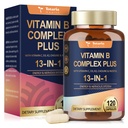 13- in-1 vitamin B Complex Plus med vitamin B1, B2, B3 (Niacinamid), B4, B5, B6, B7 (Biotin), B8 (Inositol), B9 (Folate), B12, C, D3, K2 - energi, nerve, immunforsvar, hudstøtte - 120 Veganske kapsler