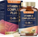 13- in-1 vitamin B Complex Plus med vitamin B1, B2, B3 (Niacinamid), B4, B5, B6, B7 (Biotin), B8 (Inositol), B9 (Folate), B12, C, D3, K2 - energi, nerve, immunforsvar, hudstøtte - 120 Veganske kapsler