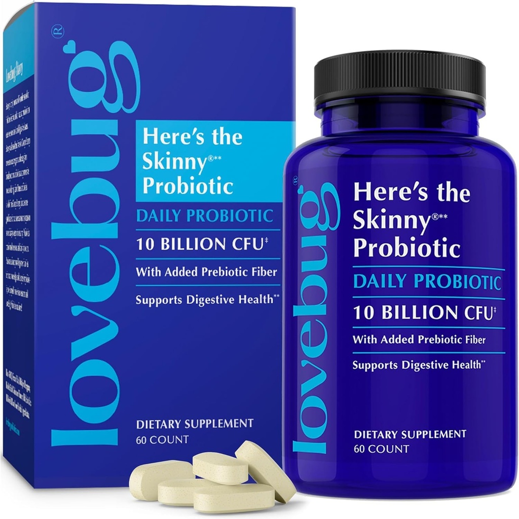 LOVEBUG Skinny Prebiotika og Probiotika til kvinder fordøjelsesfremmende sundhed & immunforsvar - 10 milliarder CFU Probiotiske strå Gut sundhed, gas, obstipation og bloating, 60ct