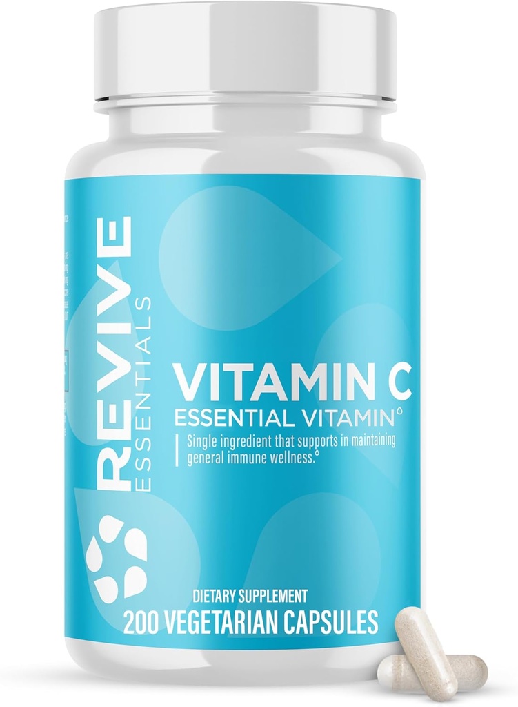 Revive MD vitamin C kapsler, 1000mg - højpotens VIT C Ascorbic Acid Kosttilskud til immunforsvar & antioxidant sundhed - ingen fyldstoffer & ikke-GMO (200 vegetariske kapsler, 30 Servere)