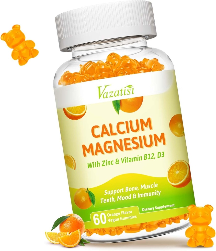 Calcium Magnesium Zinkgummier med D3- og K2- vitamin, høj absorption Magnesiumglycinat Kalium til immun og rolig mood, Vegan Orange Flavor 60 gummies