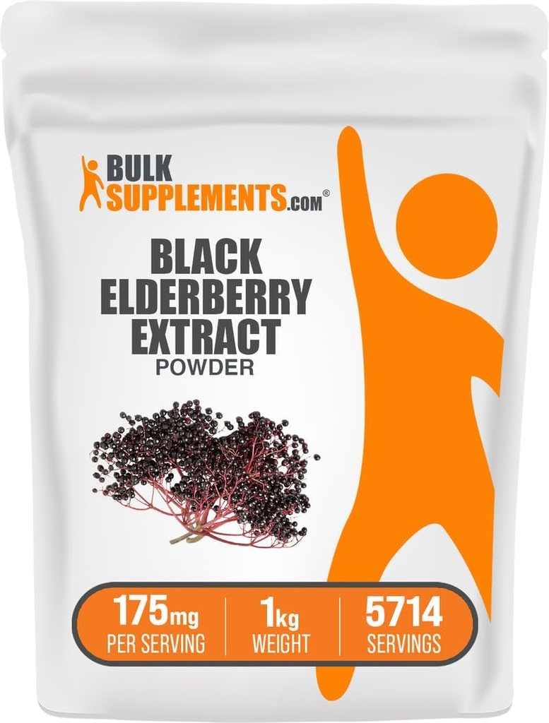 BulkSupplements.com Elderberry Extract Powder - Hyldebær Sourced fra Black Elderbry, immunsupporttillæg - Gluten Free - 175mg per servering, 1kg (2,2 lbs) (Pack of 1)