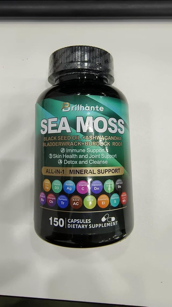 Sea Moss 27,850mg Ashwagandha 1000mg Black Seed Oil 400mg Ashwagandha Kosttilskud Vitamin C & D3 med Bladerwrack, Ingefær, Burdock Root for Immunsystem-145 Kapsler