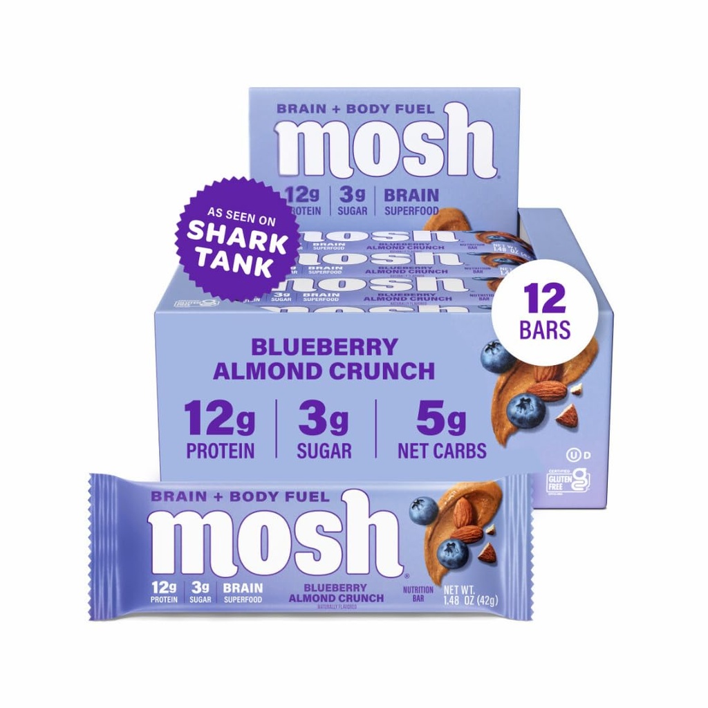 MOSH Blueberry Almond Crunch Keto Protein Bars, High Fiber, Low Carb, Gluten Free, High Protein, Brain Sund Snack, 12 Greve