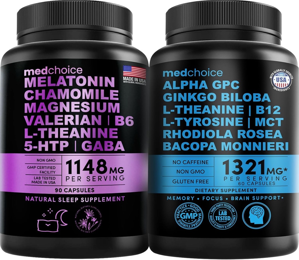 MEDCHOICE Sleep Melatonin (90ct) og Nootrop Brain (60ct) Supplement Bundle - Wellness Duo til søvn, Brain, Focus, & Mood Support - Vegan, Non- GMO, Gluten- Free