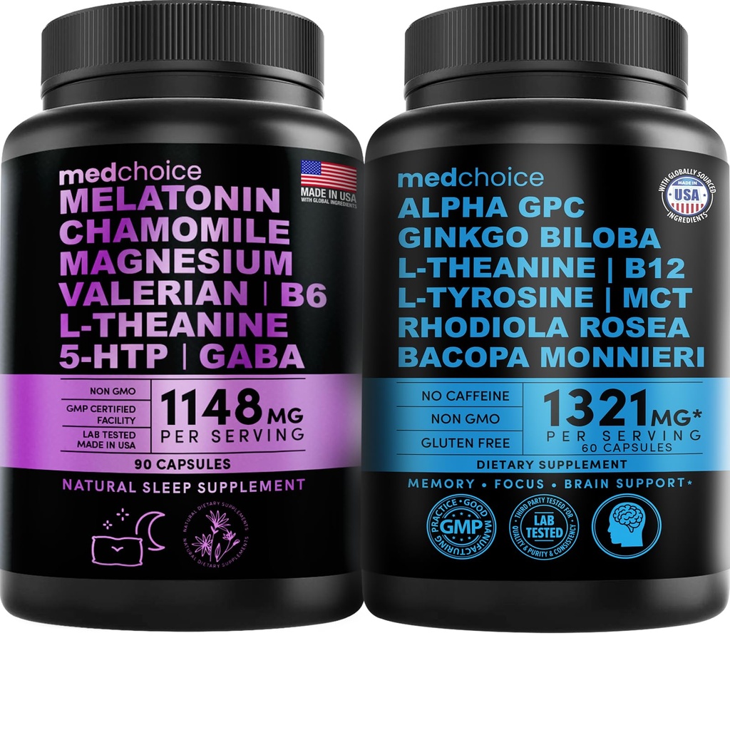 MEDCHOICE Sleep Melatonin (90ct) og Nootrop Brain (60ct) Supplement Bundle - Wellness Duo til søvn, Brain, Focus, & Mood Support - Vegan, Non- GMO, Gluten- Free