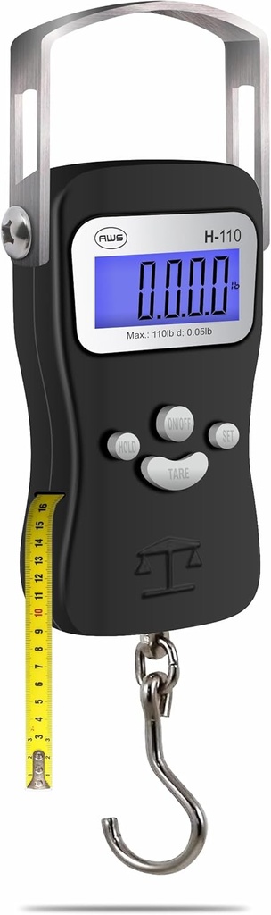 AWS Digital Bagageskala, Fiskevægt skala, Hængende skala 110lb / 50kg - Die- Cast Metal Construction, Build- in Tape Measure, Hook & Handle - for rejser, Fiskeri, Bueskydning, Jagt, Udendørs (Sort)