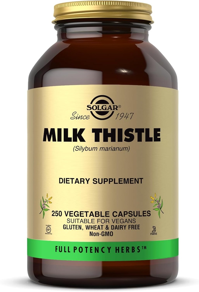 Solgar Milk Thistle - 250 Vegetabilske kapsler - Fuld styrke (FP) - Non- GMO, Vegan, Gluten Free, Dairy Free, Kosher - 250 Servere