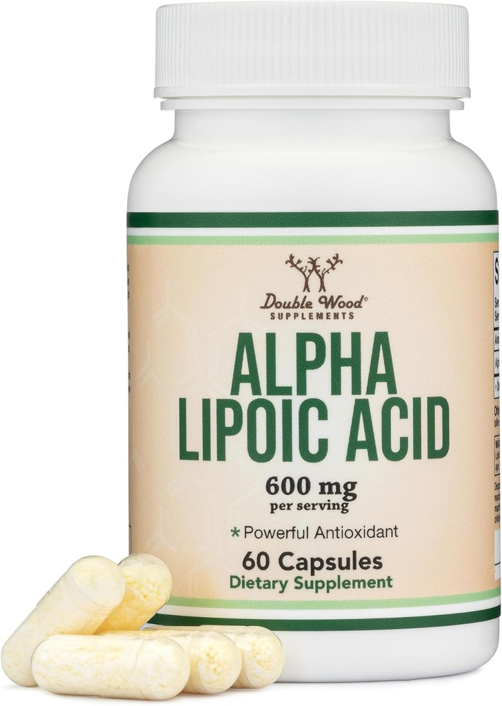 Alpha Lipoic Acid 600 mg per servering, 60 kapsler (tredjeparts testet, ikke-GMO, gluten fri, Vegan Safe) Potent antioxidant til neuropati og kardiovaskulær sundhed (ALA supplement) ved dobbelt træ