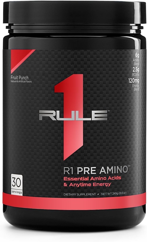 Rule 1 Proteins Pre Amino Acid Complex Fruit Punch, Anytime Energy Boost, Caffeine from Green Tea and Coffee Extracts, Endurance, Focus Support, 30 Servings, 15 Oz