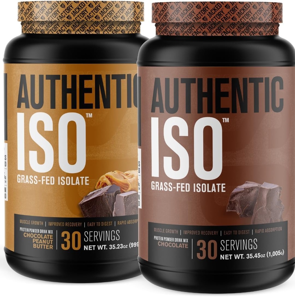 Jacked Factory Autentiske ISO Grass Fed Whey Protein Isolate Powder - Low Carb, Non- GMO Muscle Building Protein w / No Fillers (Chocolate Peanut Butter, 30sv) & (Chocolate, 30sv)