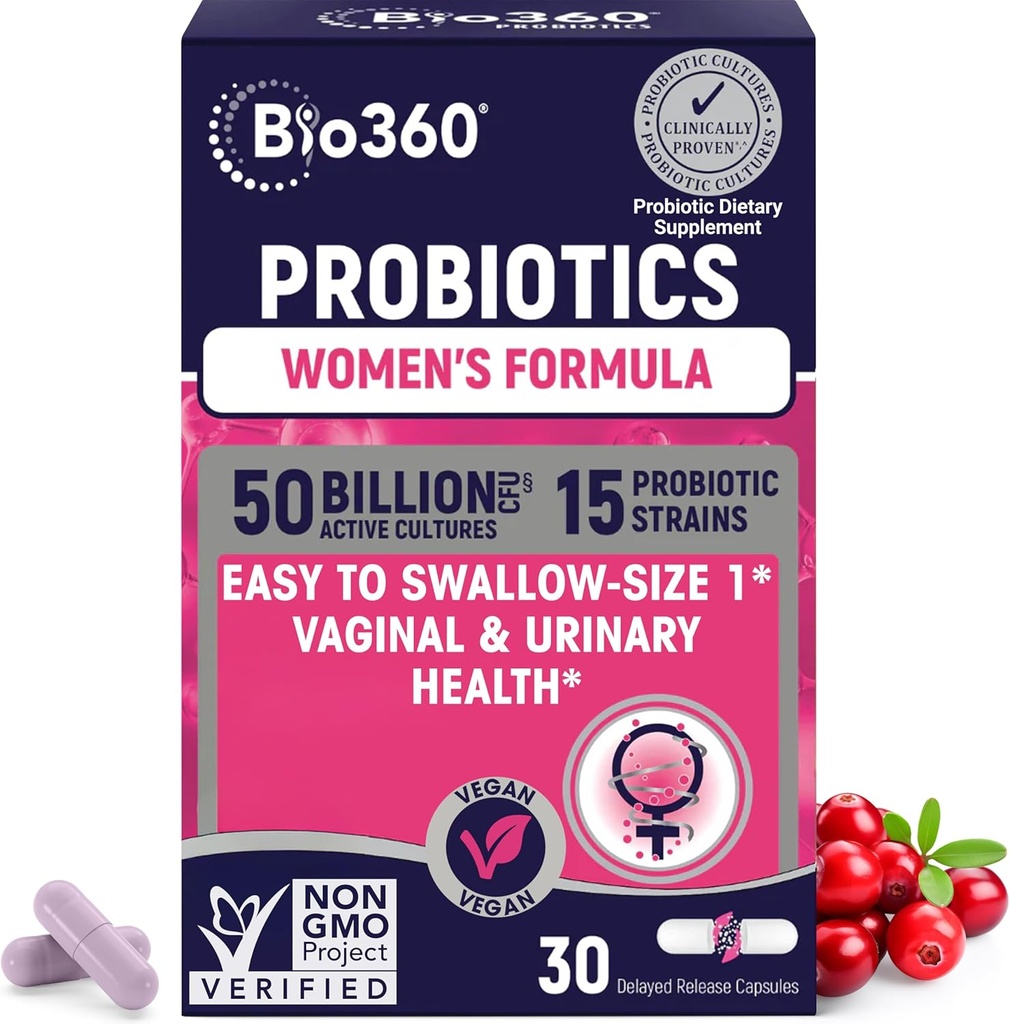 Bio360 Probiotika til kvinder Vaginigal sundhed - Understøtter pH balance, Vaginal, Urinary, & fordøjelsessundhed - 50 Millioner CFU & 15 Unik Sunde Vaginal Odor & Vaginal Flora - Hylde stable