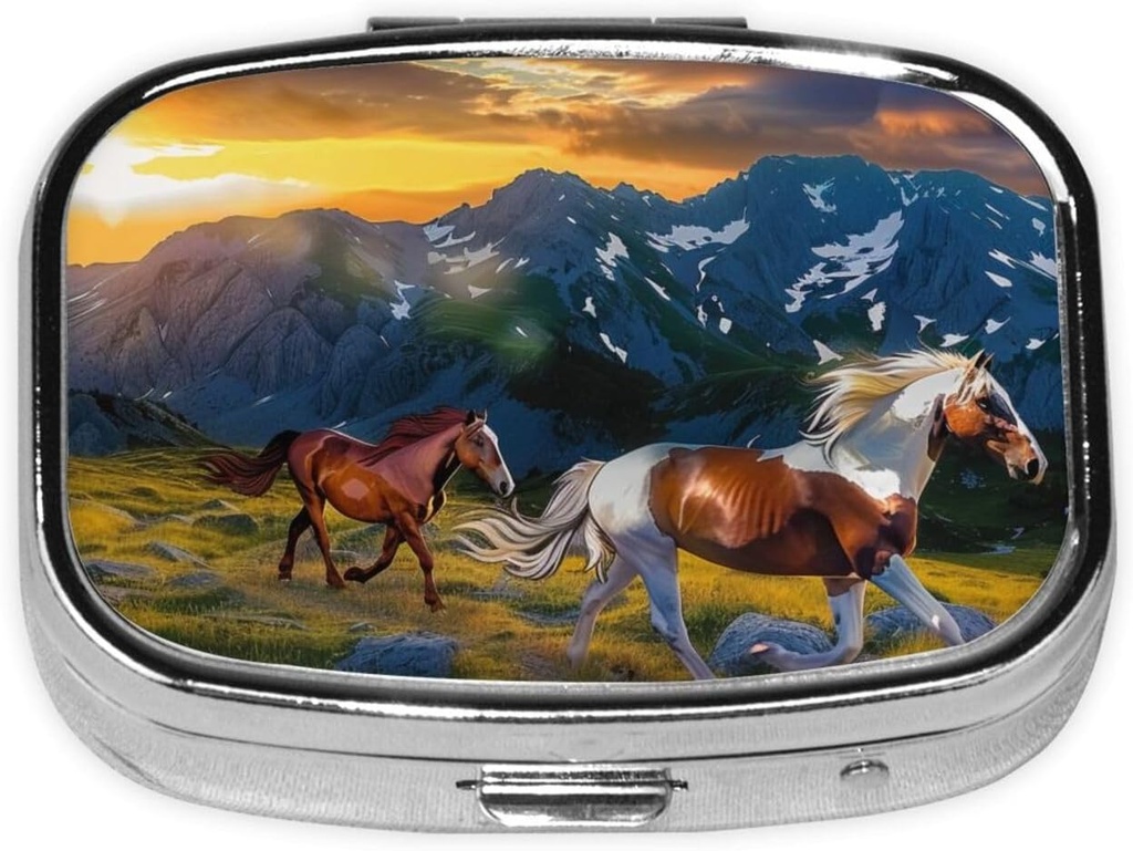 Chokerende running Horse Printed Square Pill Organizer med 2 afdelinger, Portable Mini Pill Box Pill sag for medicin, Vitamin, Fiskeolie, Kosttilskud