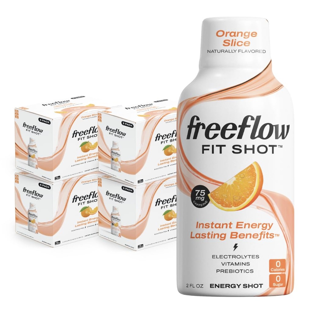 Freeflow Fit Energy Shots, Orange Slice, Naturlig Koffein Boost med L-theanin, Ginseng, Vitaminer, Prebiotika, Elektrolytter (24 Greve, 2oz Shots)