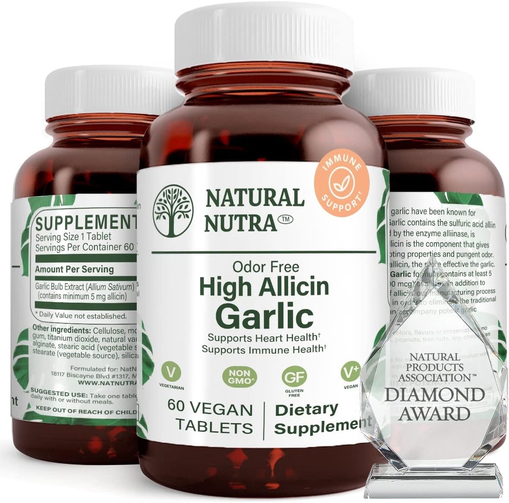 Natural Nutra High Allicin Garlic Supplement, Supports Immune System, Improve Heart Health, Improve Enzymes Health, Better Digestion, Fights Cold and Flu, Vanilla Coating, 500mg, 60 Vegan Tablets