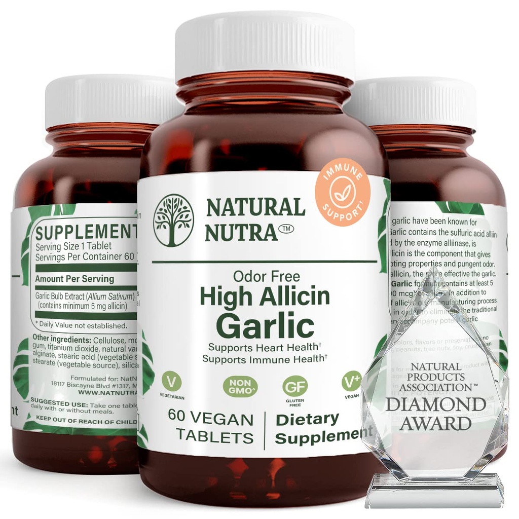 Naturlig Nutra High Allicin hvidløg supplement, understøtter immunsystemet, Forbedre hjertets sundhed, Forbedre enzymer sundhed, bedre fordøjelse, Kold og influenza, Vanilla Coating, 500mg, 60 Vegan Tablets