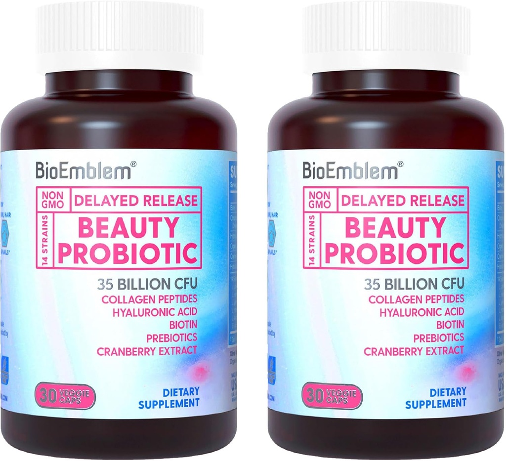 Bioemblems skønhed Probiotika til kvinder, 35 Millioner CFU 14 Strops med Biotin, Collagen, Prebiotika til fordøjelse, hår hud og negle, Vaginal Probiotika supplement, Hylde Stable, 60 Caps