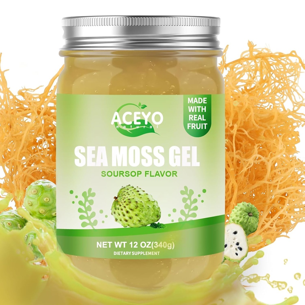 ACEYO (12 OZ) Irish Sea Moss Gel Organic Raw Vegan Soursop Flavor 102 Vitaminer og mineral Wild Harfted Non- GMO immun- & fordøjelsesstøtte