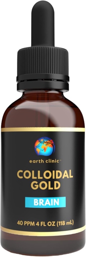 Earth Clinic ® Colloidal Gold - 4 oz Dropper Flaske, 40 PPM Dobbelt potens, Pure Gold Nanopartikler - Forbedret hjerne sundhed & kognitiv support