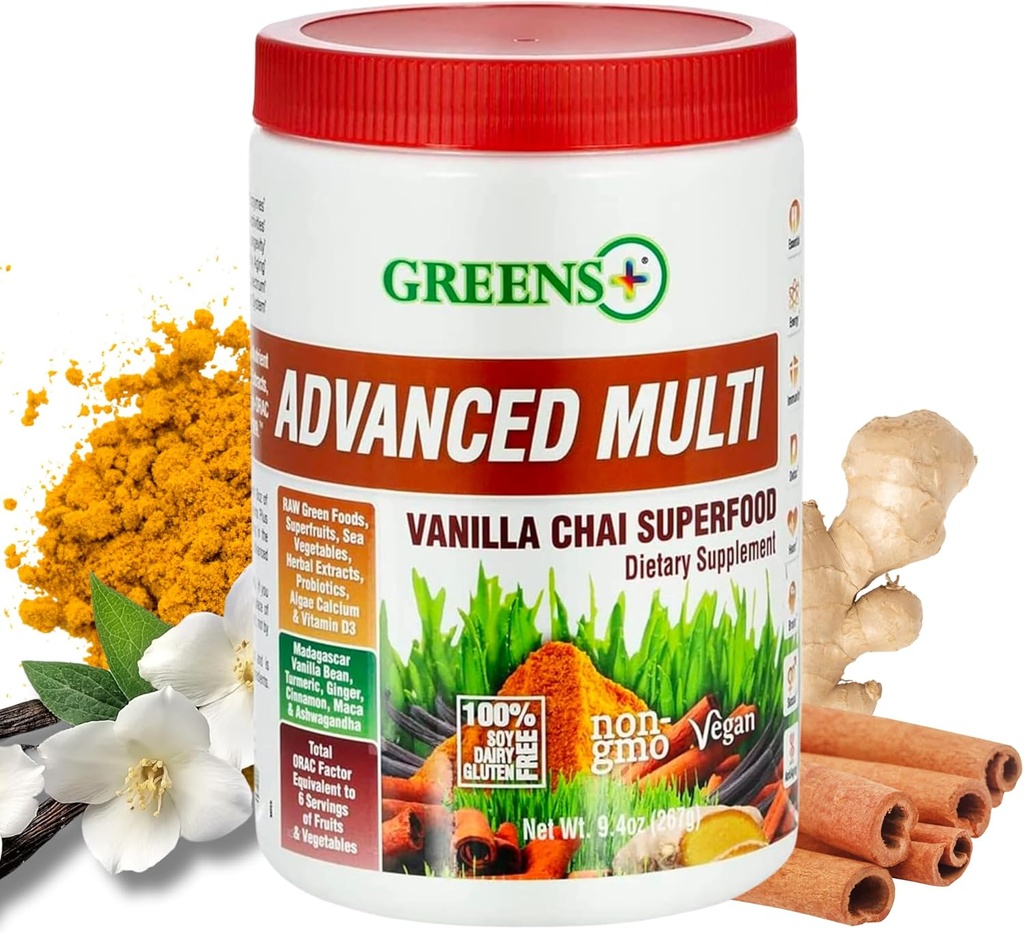 Grønne + Advanced Multi Vanilla Chai Superfood Powder, Organic Sund Blend for Morning Vitality, Nutrition, Vibrant Health, Kosttilskud, Vitamin Minerals, Vegan, Soy / Dairy / Gluten Free (9.4oz)
