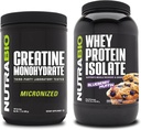 NutraBio Creatinine monohydrat, Unflavored, 500g og Whey Protein Isolate, Blåbær Muffin, Supplement Bundle - Muskelenergi, Lean muskelvækst, Inddrivelse, og Styrke