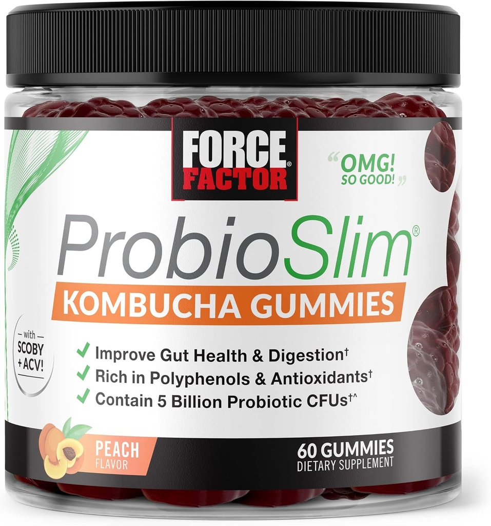 Kraftfaktor ProbioSlim Kombucha Gummies for fordøjelsessygdomme, Probiotika til kvinder og Probiotika til mænd Lavet med 5 Millioner CFU 'er, Kombucha SCOBY Probiotiske Gummies, Peach, 60 Gummies