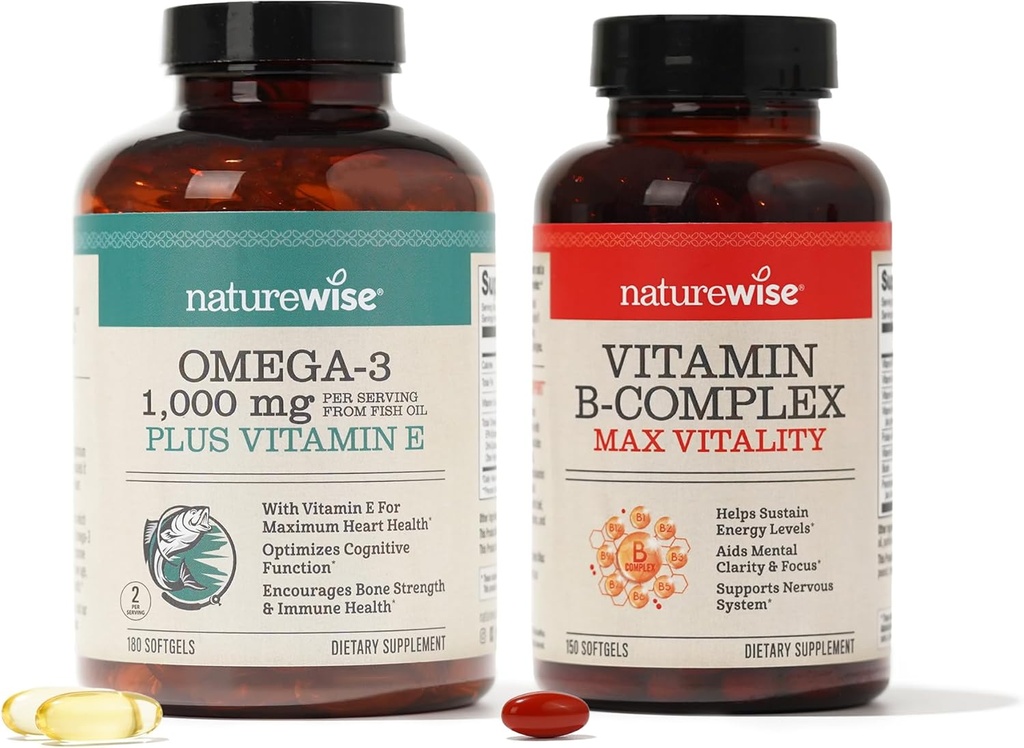 NatureWise 1000mg Omega 3 600mg EPA 400mg DHA med E-vitamin 180ct & B-vitamin Complex for kvinder og mænd 150 Softgels [5-måned Supply]
