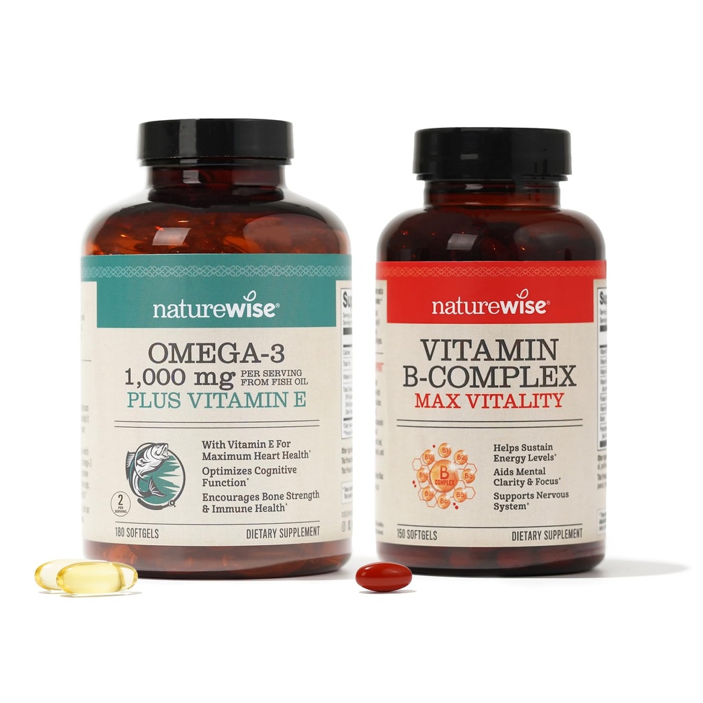 NatureWise 1000mg Omega 3 600mg EPA 400mg DHA med E-vitamin 180ct & B-vitamin Complex for kvinder og mænd 150 Softgels [5-måned Supply]