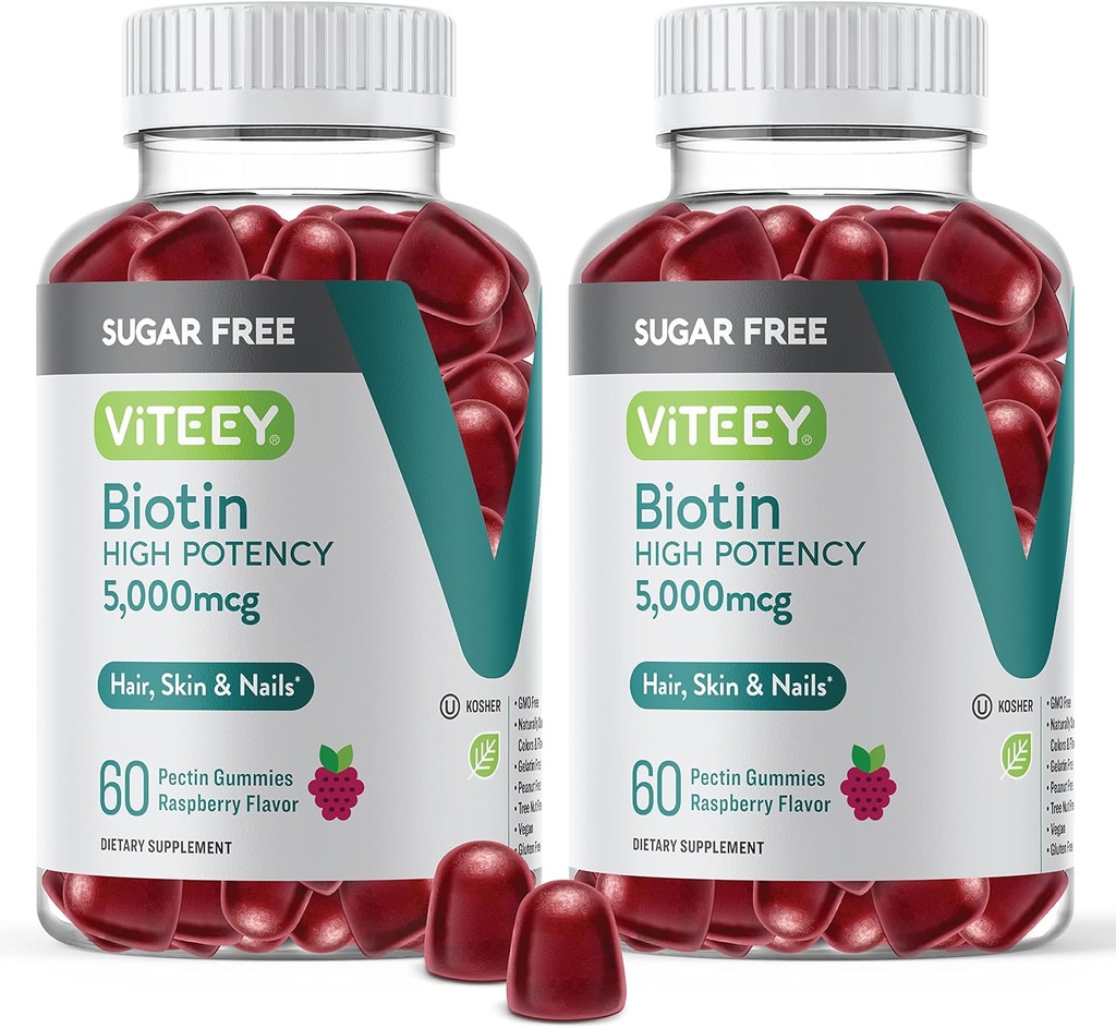 VITEEY Biotin Gummies for hår, hud, og negle 5,000mcg - Sukker fri - Hårvækst Gummies, sund hud glød, stærk sund nail vækst - Vegan, Gluten fri, Gelatine fri- Chewable Raspberry Flavor