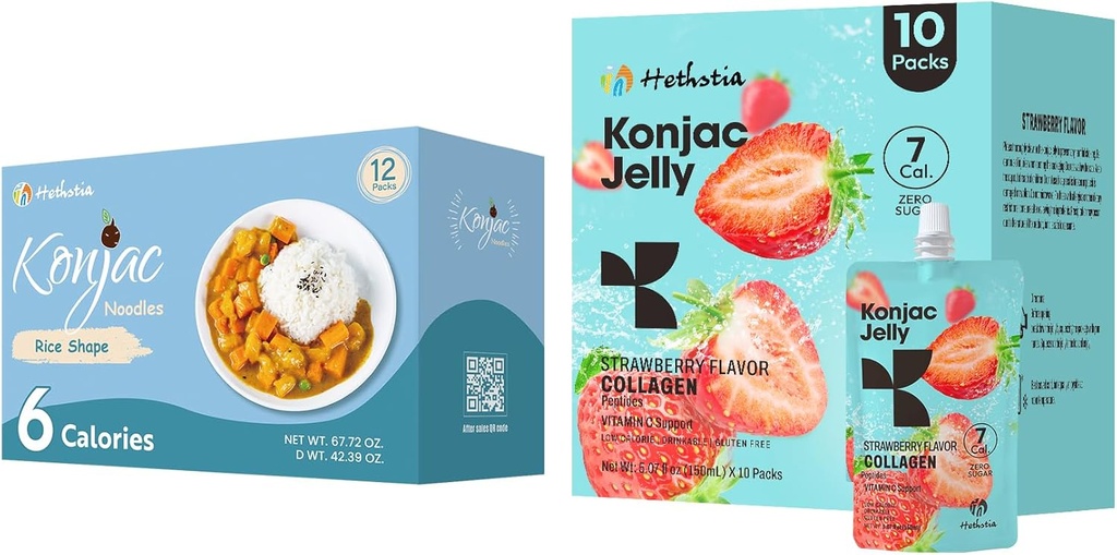 Hethstia Konjac Jelly Strawberry Flavor med Collagen Peptider 10 pakker og Konjac Rice Gluten Free 12 pakker lav kalorie, Keto, sukker fri, sund mad