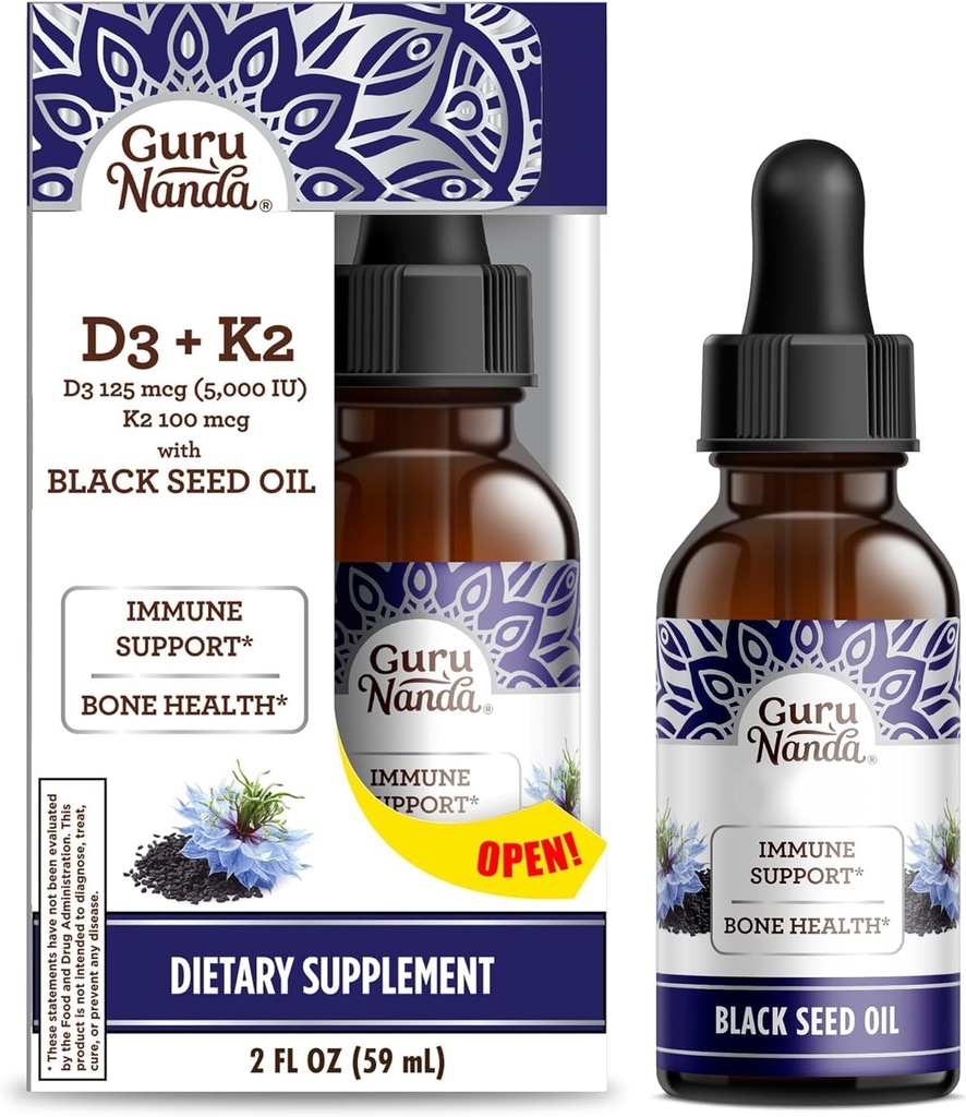 GuruNanda Wellness Bundle: Flydende Ashwagandha med Bacopa (1 Fl Oz) til Focus & Afslapning Support & Black Seed Oil (2 Fl Oz) med Vitamin D3, K2 & E til immunboosting - Vegan & Non- GMO