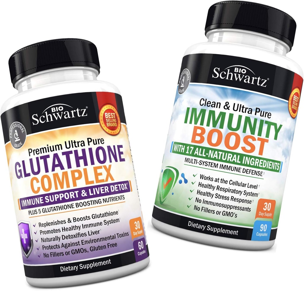 Glutathione Complex med mælk tidsel ekstrakt, C-vitamin & Quercetin + 17-in-1 Immunity Boost tillæg med hyldebær, C-vitamin, Echinacea & Zink - fremmer lever og immunforsvar