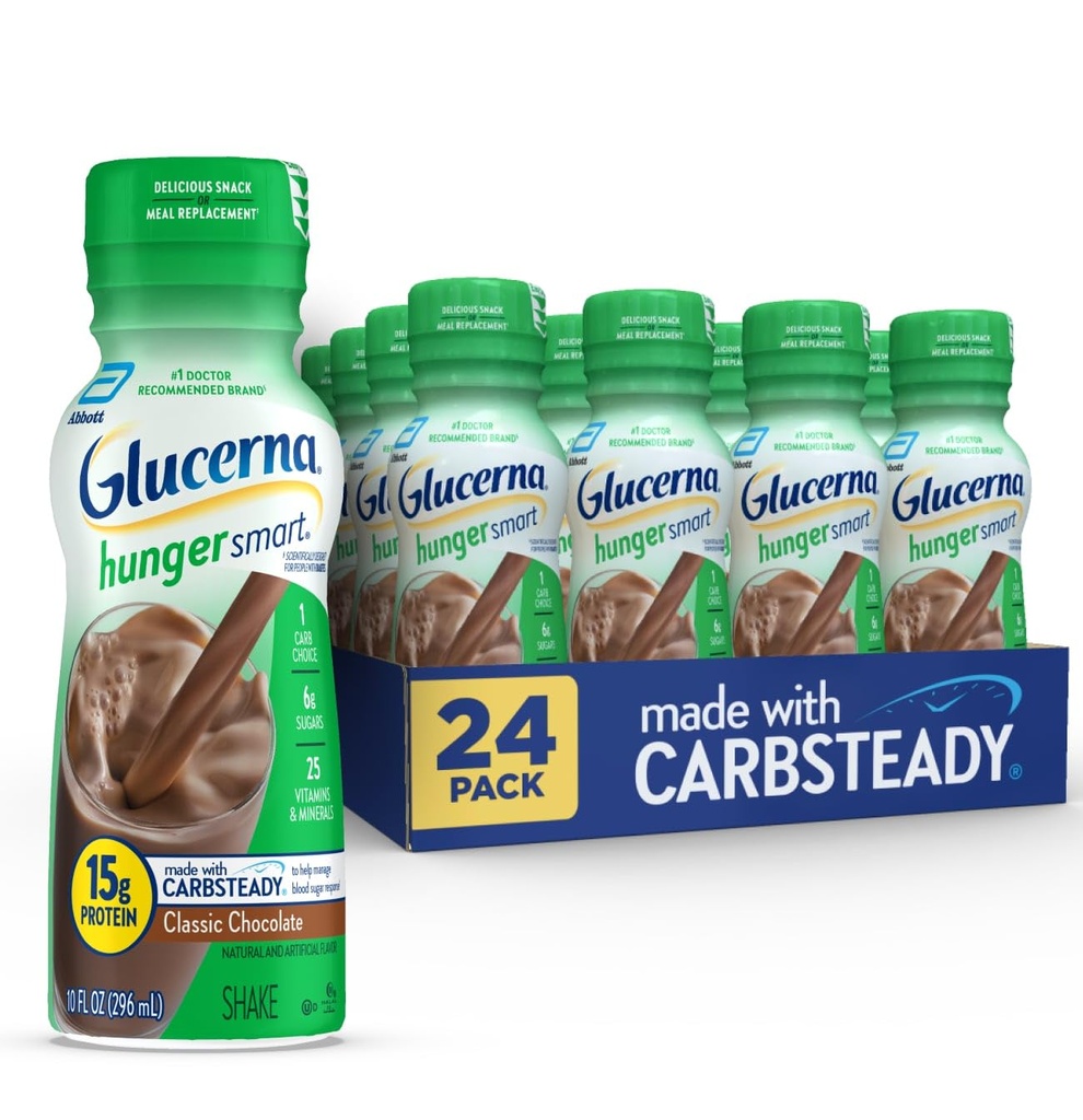 Glucerna Hunger Smart Diabetes Care Shake, Classic Chocolate, Diabetic Meal Erstatning to Support Blood Sugar Management, 15g Protein, 180 Kalorier, Klar til at drikke, 10- fl- oz flaske, 24 Pack