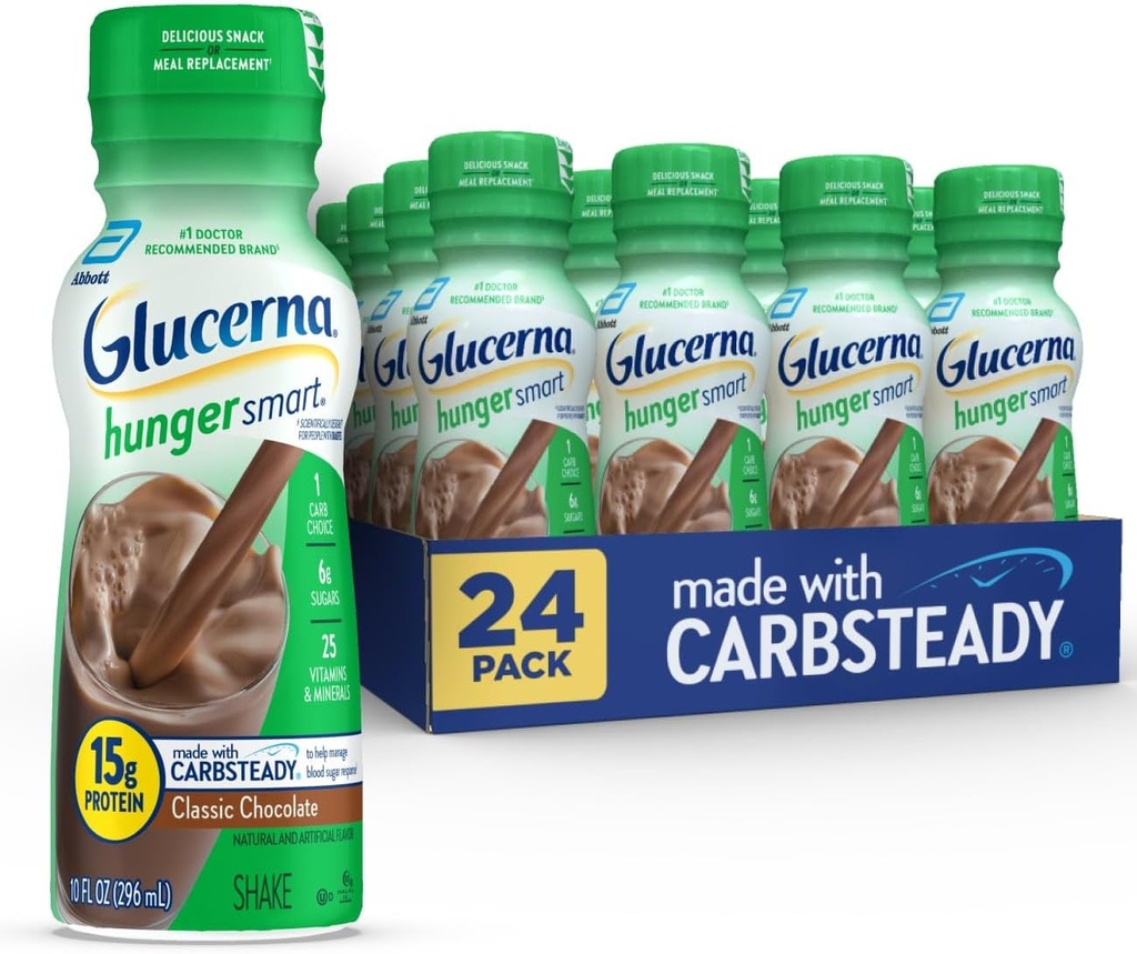 Glucerna Hunger Smart Diabetes Care Shake, Classic Chocolate, Diabetic Meal Erstatning to Support Blood Sugar Management, 15g Protein, 180 Kalorier, Klar til at drikke, 10- fl- oz flaske, 24 Pack