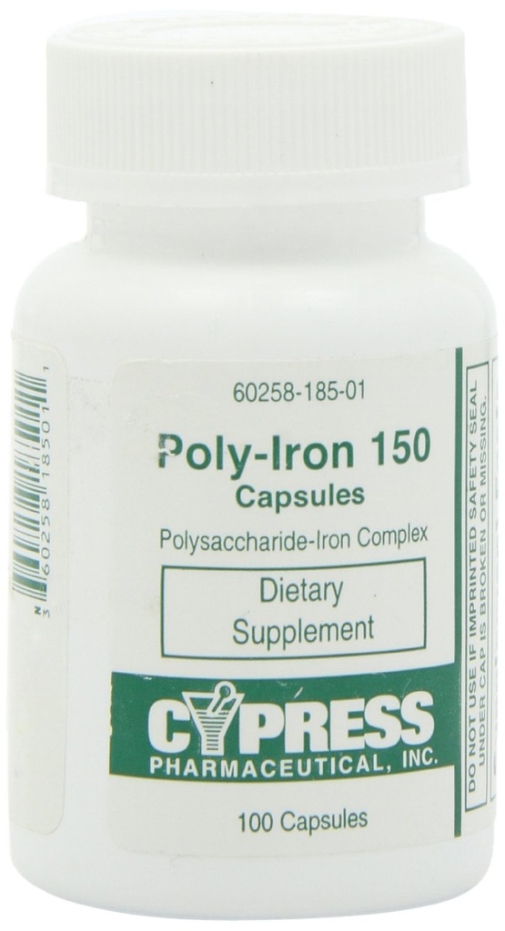 Kosttilskud - Poly jernkapsler 150 mg (100 kapsler pr. flaske) efter Cypress Pharmaceutical # 185- 01 (2 flasker à 100 kapsler)