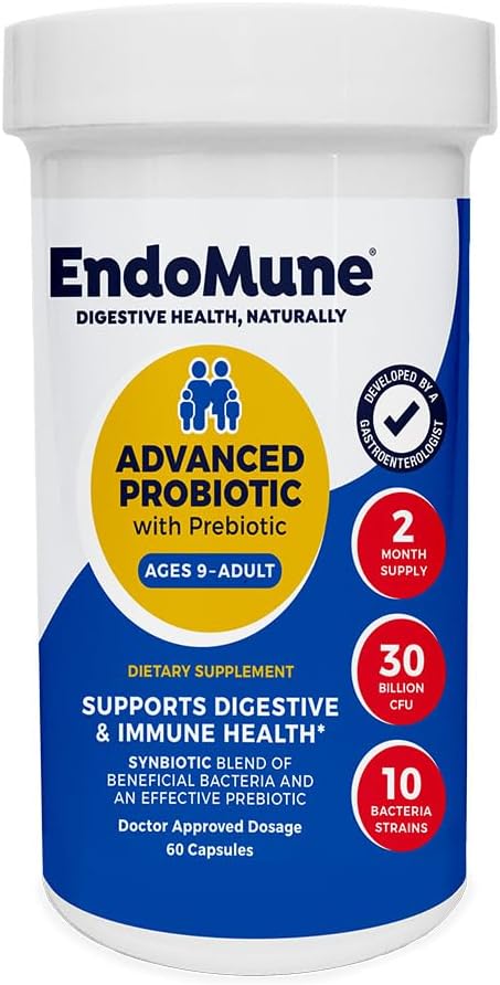 Endomune Advanced Adult Multi-Strain Probiotic Supplement with Prebiotic - 10 Strains, 30 Billion CFU - Physician Formulated (60-Count)